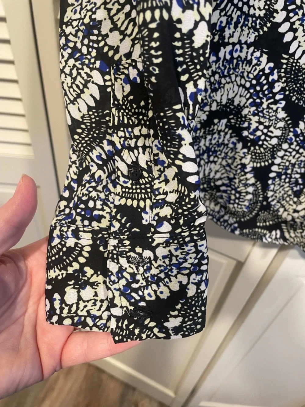 Black, White, Blue with Yellow highlights Long-Sleeve Blouse - Madison Paige - Picture 4 of 6